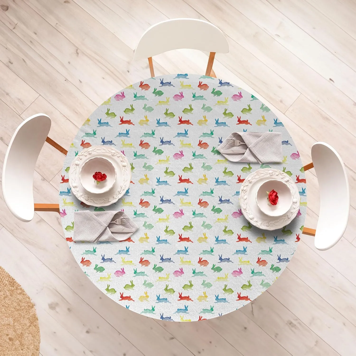 Lunarable Paint Fitted Round Tablecloth, Rabbits in Different Poses Jumping Running Bunnies Happy Easter Paintbrush Art, All Around Elastic Fabric Table Cover, 36"- 40" Diameter, Aqua Multicolor