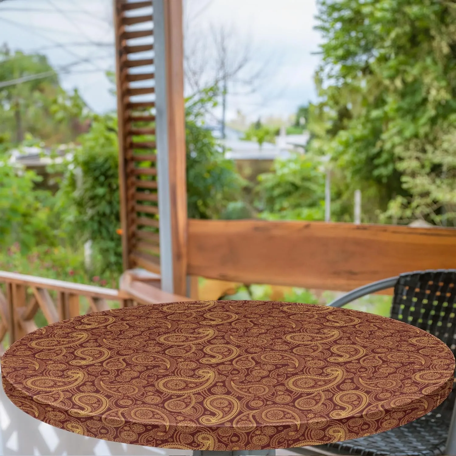 Lunarable Paisley Fitted Round Tablecloth, Romantic Old Fashioned Leaf Motifs Vintage Design Royal Victorian Revival, All Around Elastic Fabric Table Cover, 36"- 40" Diameter, Burgundy Mustard