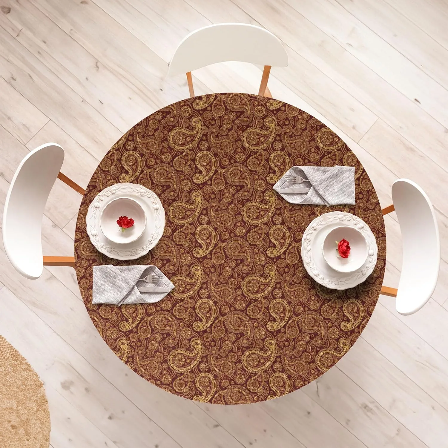 Lunarable Paisley Fitted Round Tablecloth, Romantic Old Fashioned Leaf Motifs Vintage Design Royal Victorian Revival, All Around Elastic Fabric Table Cover, 36"- 40" Diameter, Burgundy Mustard