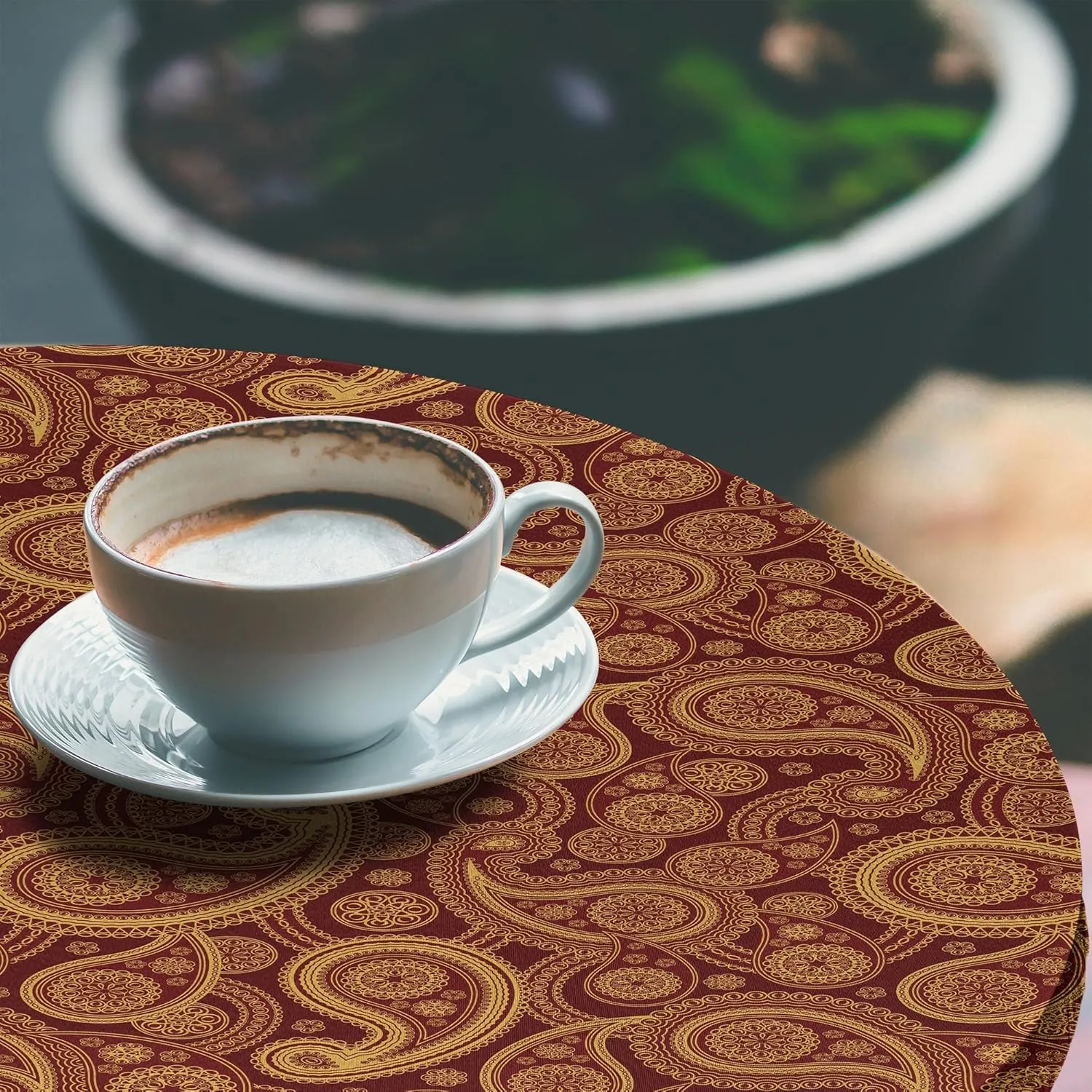 Lunarable Paisley Fitted Round Tablecloth, Romantic Old Fashioned Leaf Motifs Vintage Design Royal Victorian Revival, All Around Elastic Fabric Table Cover, 36"- 40" Diameter, Burgundy Mustard