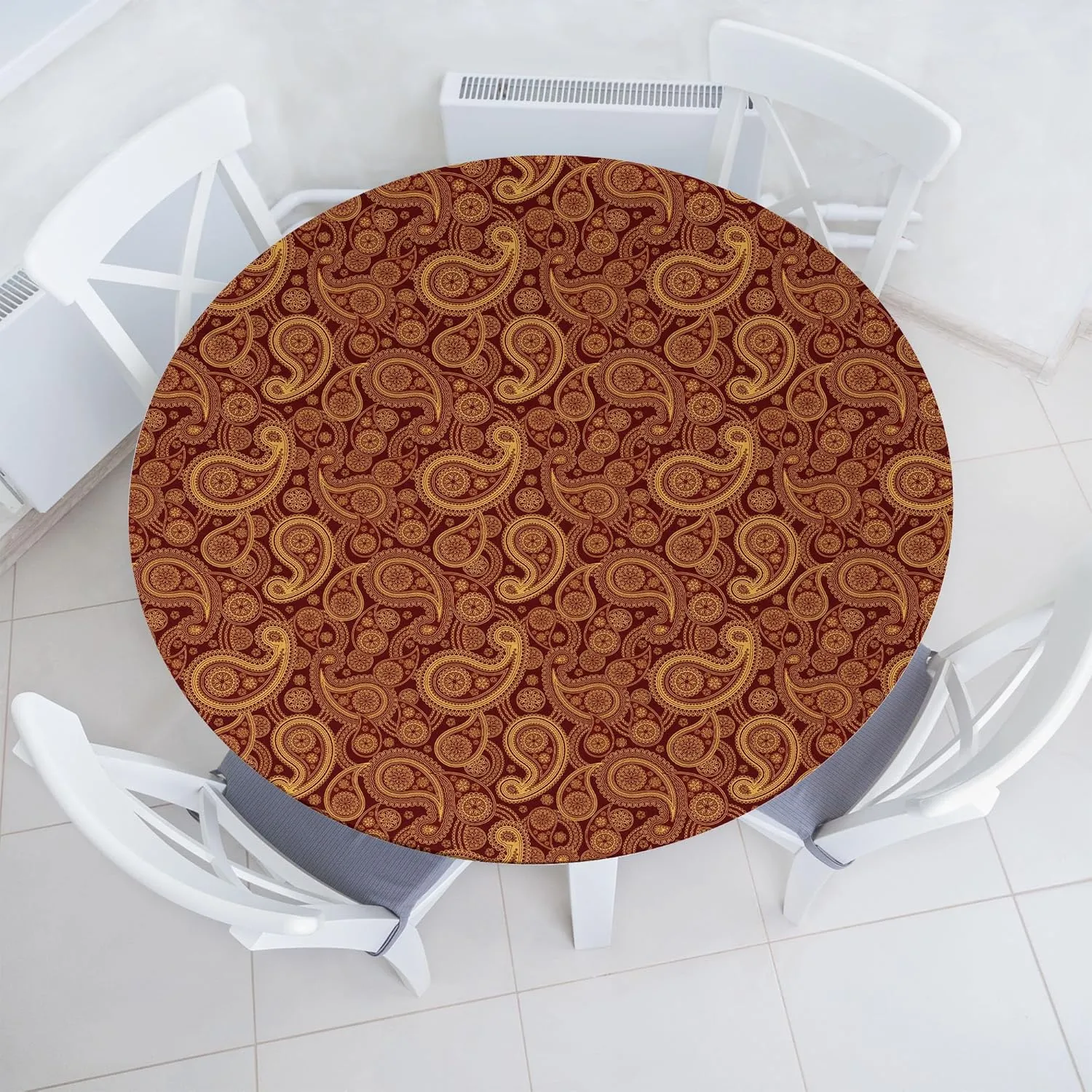 Lunarable Paisley Fitted Round Tablecloth, Romantic Old Fashioned Leaf Motifs Vintage Design Royal Victorian Revival, All Around Elastic Fabric Table Cover, 36"- 40" Diameter, Burgundy Mustard