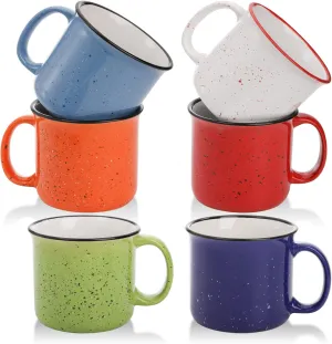 Lyellfe Set of 6 Ceramic Coffee Mugs, 15 Oz Campfire Camping Mugs, Speckled Camper Mug for Tea, Coffee and Hot Chocolate, Campfire Gift Mugs for Camper Lovers and Friends, 6 Colors