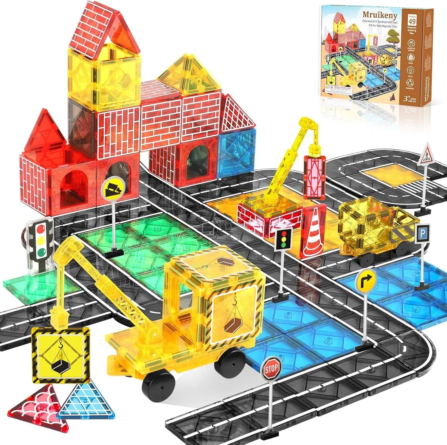 Magnetic Tiles Road Set Kids Toys, Magnetic City Construction Toys With Magnetic Crane for 3  Year Old Boys Girls, Magnetic Blocks Building Toys STEM Toddlers Toys Magnetic Tiles for Kids Ages 3-5 4-8