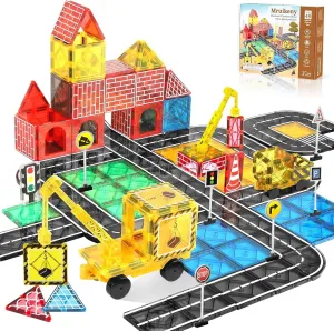 Magnetic Tiles Road Set Kids Toys, Magnetic City Construction Toys With Magnetic Crane for 3  Year Old Boys Girls, Magnetic Blocks Building Toys STEM Toddlers Toys Magnetic Tiles for Kids Ages 3-5 4-8