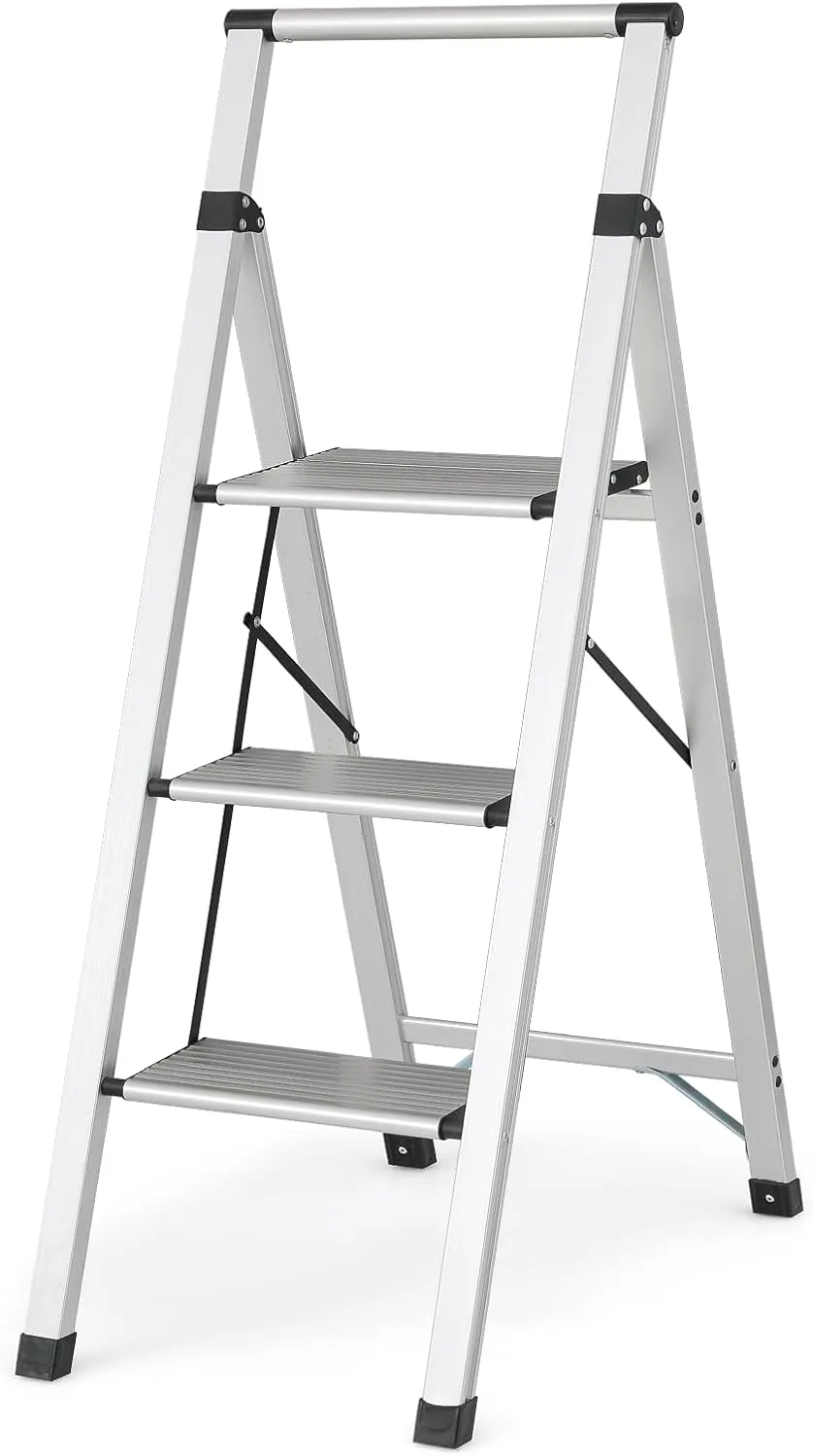 Magshion 3 Step Ladder Wide Anti-Slip Pedals Step Stool, Lightweight Aluminum Folding Ladder with Handgrip for Kitchen, Household and Office (330lbs Capacity)