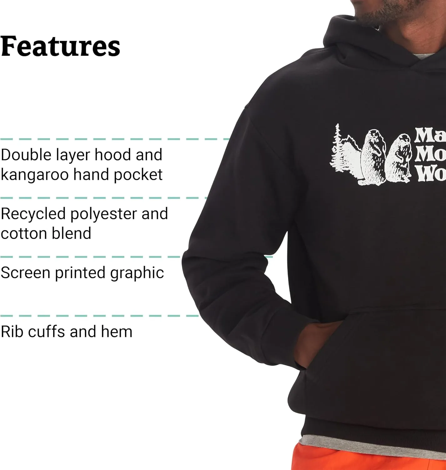 MARMOT Men's MMW Hoody - Hooded Sweatshirt with Screen Printed Graphic, Double-Layer Hood and Kangaroo Pocket
