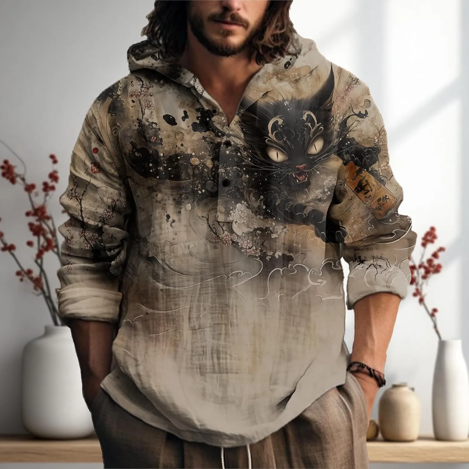 MARSVOVO Japanese Art Animal Hooded Shirt for Men Long Sleeve Quarter Button Lightweight Hoodie Cool Streetwear Tops