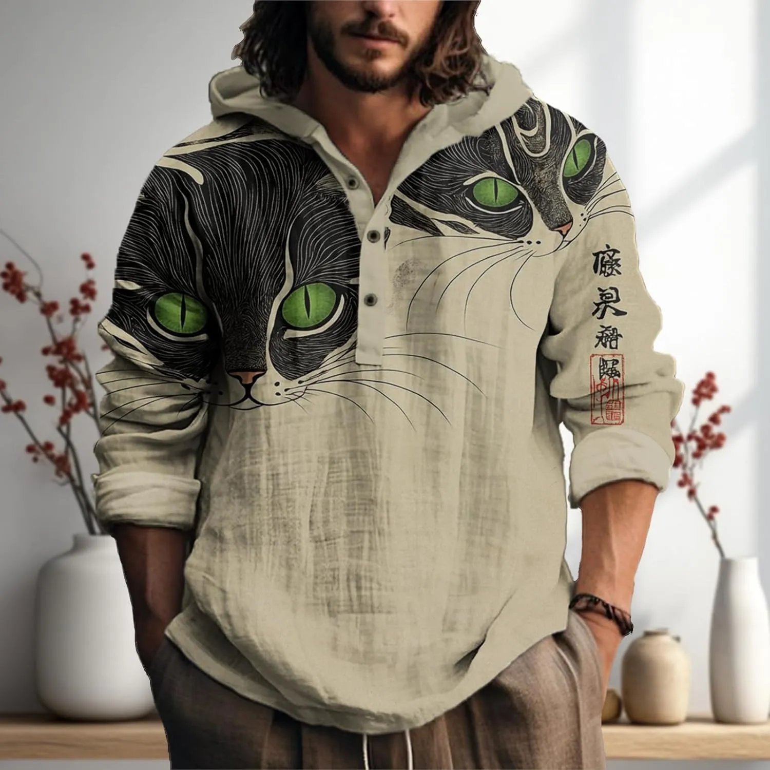 MARSVOVO Japanese Art Animal Hooded Shirt for Men Long Sleeve Quarter Button Lightweight Hoodie Cool Streetwear Tops