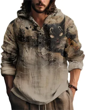 MARSVOVO Japanese Art Animal Hooded Shirt for Men Long Sleeve Quarter Button Lightweight Hoodie Cool Streetwear Tops