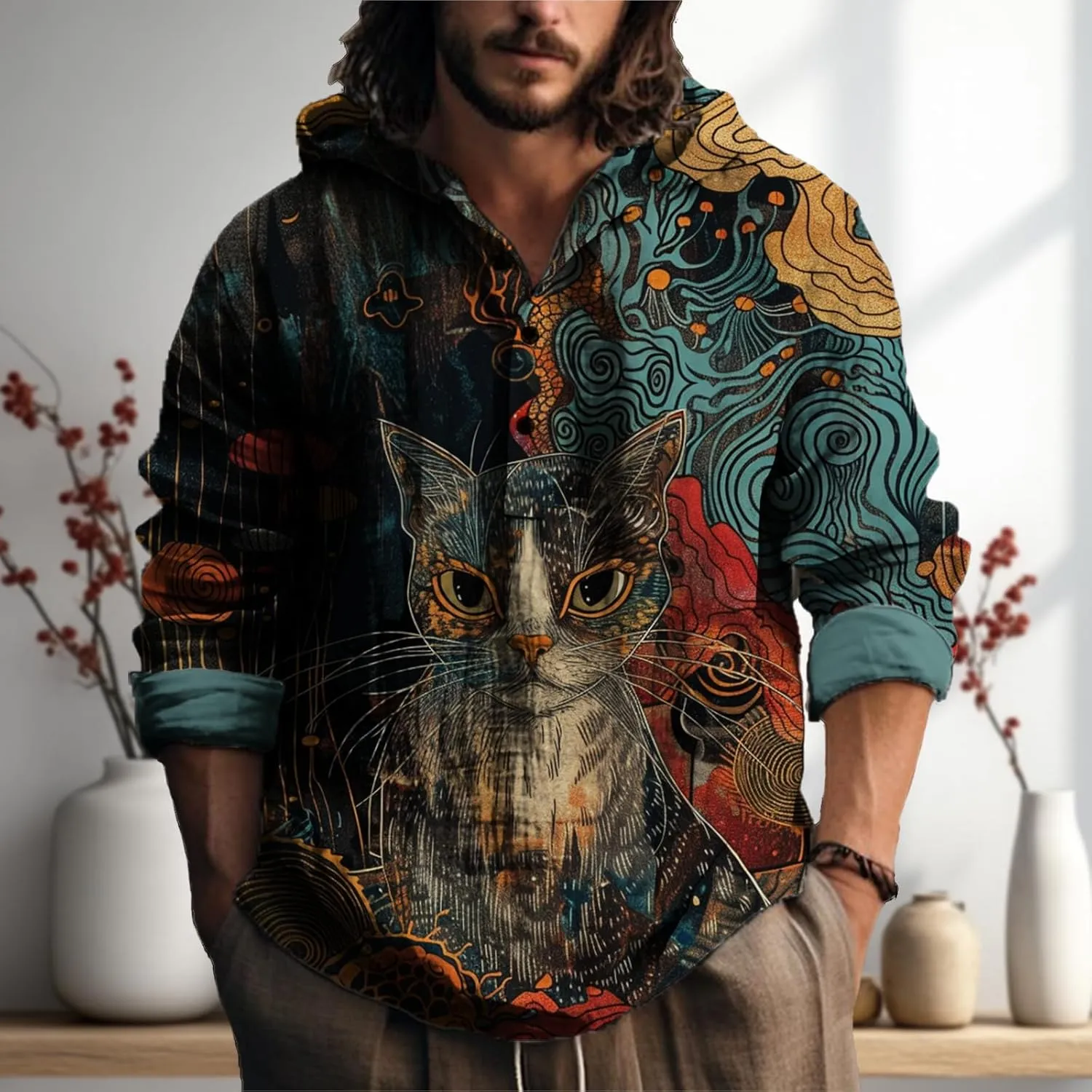 MARSVOVO Japanese Art Animal Hooded Shirt for Men Long Sleeve Quarter Button Lightweight Hoodie Cool Streetwear Tops