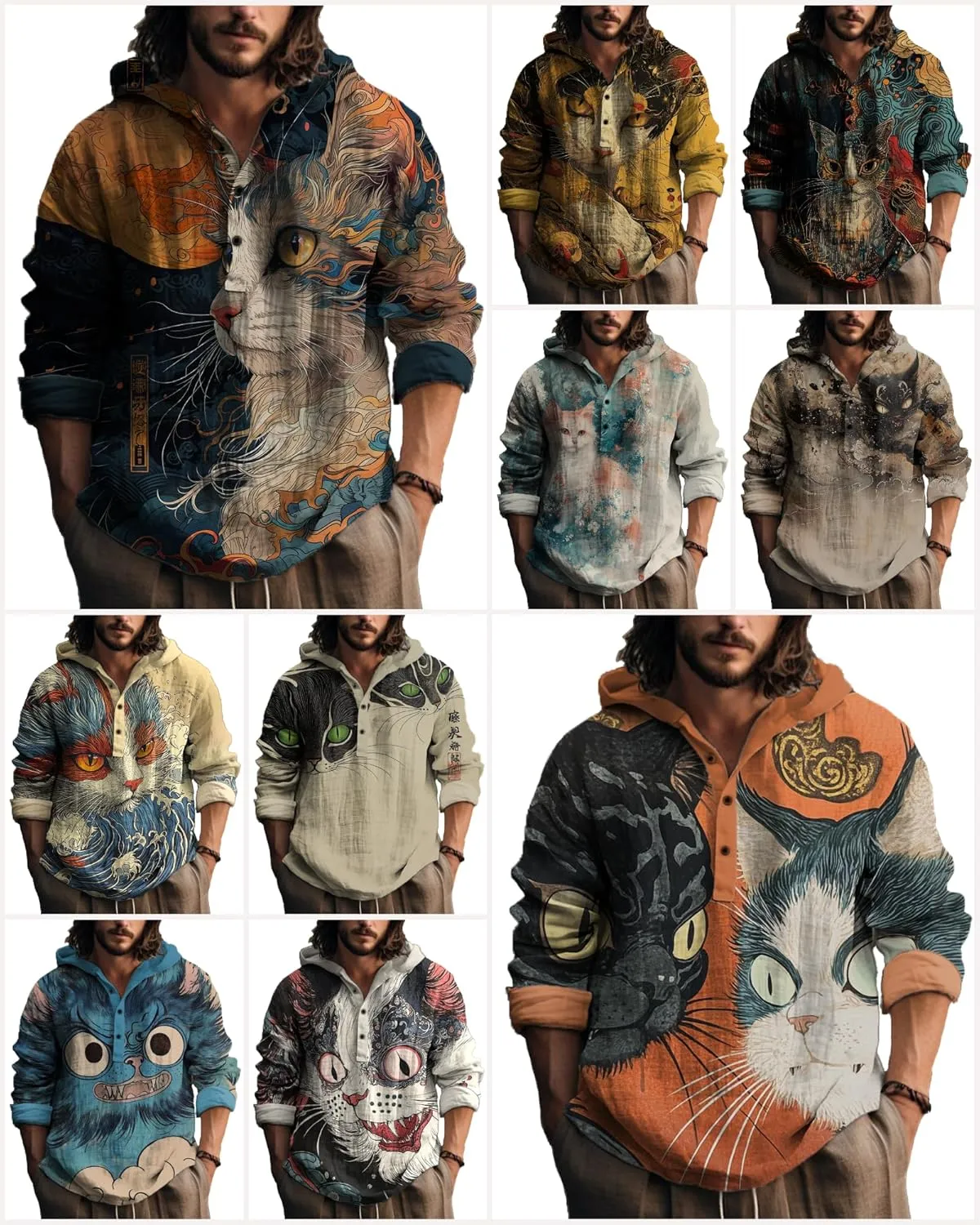 MARSVOVO Japanese Art Animal Hooded Shirt for Men Long Sleeve Quarter Button Lightweight Hoodie Cool Streetwear Tops