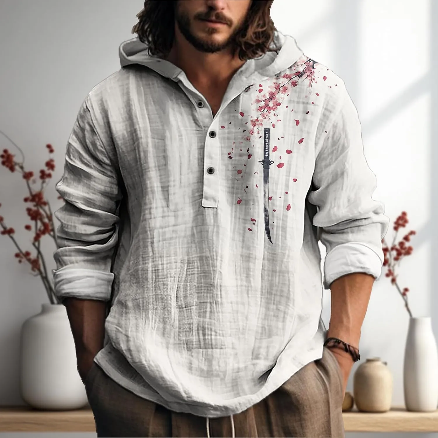 MARSVOVO Mens Hooded Shirt Vintage Retro 3 Button Long Sleeve Light Hoodie Fashion Casual Daily Tops for Spring Fall