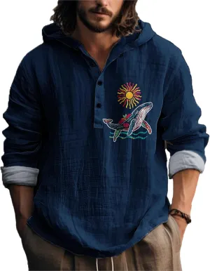 MARSVOVO Mens Hooded Shirt Vintage Retro 3 Button Long Sleeve Light Hoodie Fashion Casual Daily Tops for Spring Fall