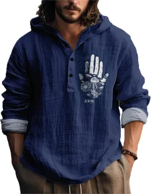 MARSVOVO Mens Hooded Shirt Vintage Retro 3 Button Long Sleeve Light Hoodie Fashion Casual Daily Tops for Spring Fall