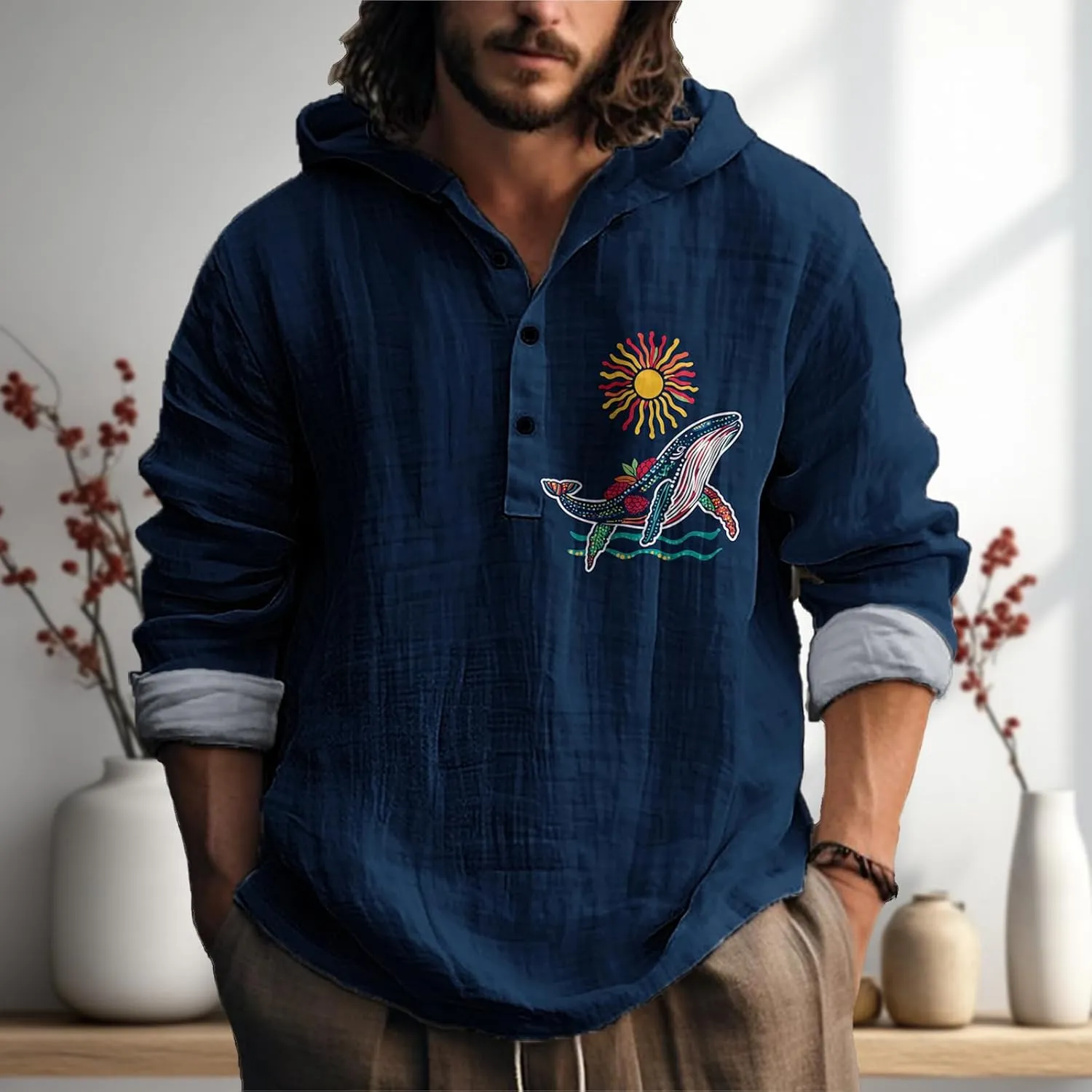 MARSVOVO Mens Hooded Shirt Vintage Retro 3 Button Long Sleeve Light Hoodie Fashion Casual Daily Tops for Spring Fall