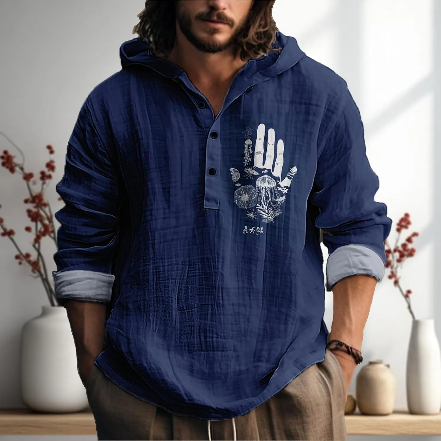 MARSVOVO Mens Hooded Shirt Vintage Retro 3 Button Long Sleeve Light Hoodie Fashion Casual Daily Tops for Spring Fall