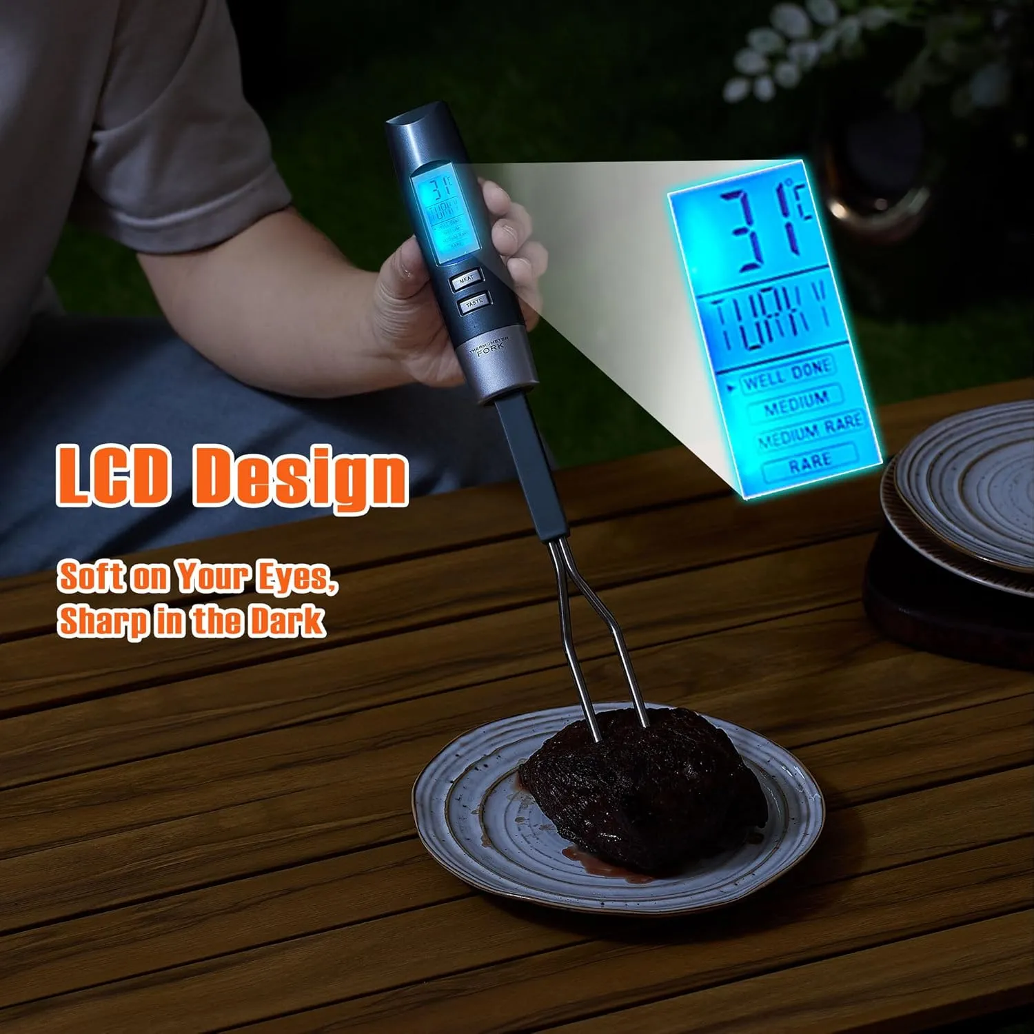 Meat Thermometer Fork with Electronic Ready Alarm, Digital Cooking Thermometer with Instant Read, LCD Display and Led Light, Grill Thermometers for BBQ Grilling Gadgets Steak Pork, Black