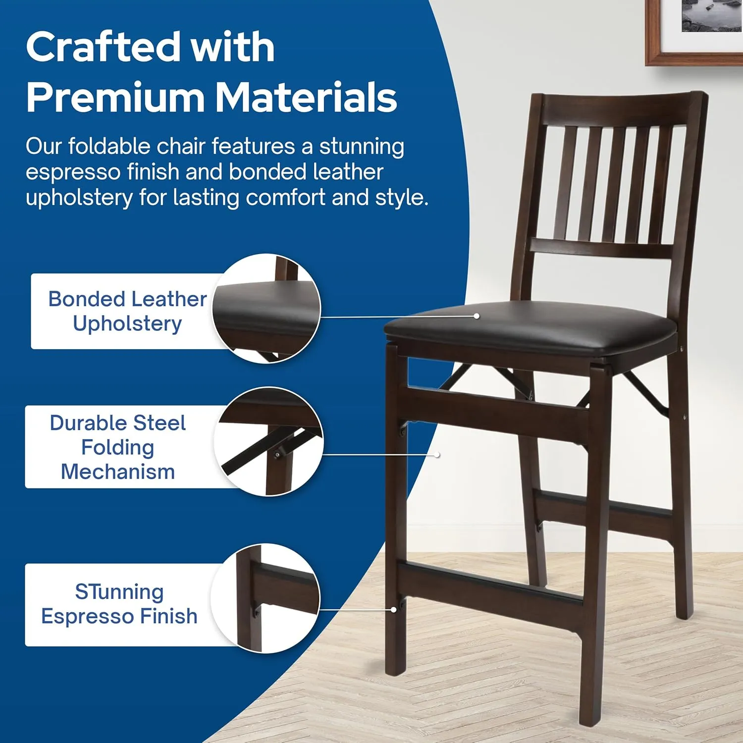 MECO Stakmore Folding Counter Height Stools with Padded Seats, Set of 2 - No Assembly Tall, High, Foldable Kitchen Chairs, Steel Folding Mechanism, Upholstered Leather, Space-Saving, Espresso Frame