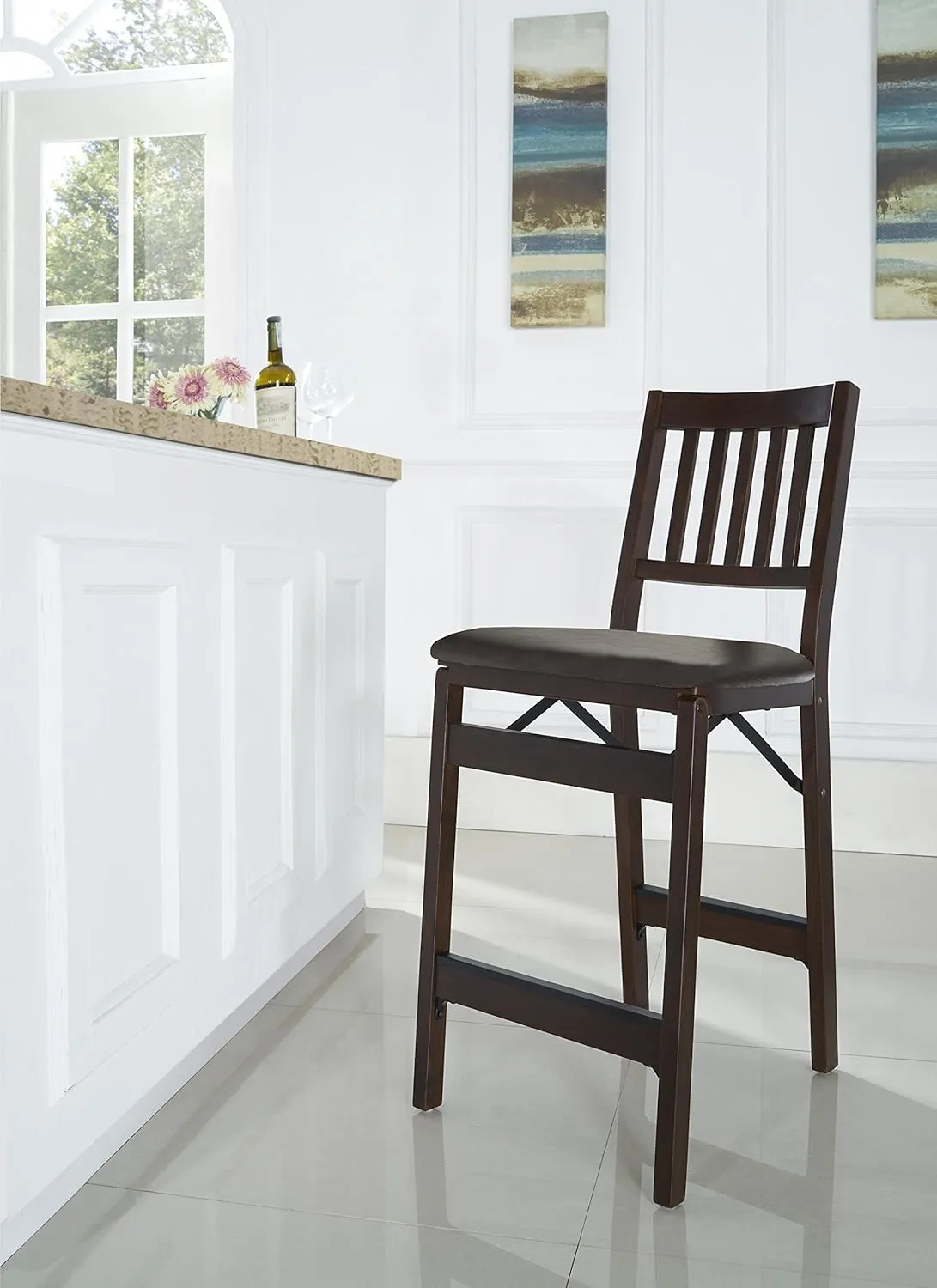 MECO Stakmore Folding Counter Height Stools with Padded Seats, Set of 2 - No Assembly Tall, High, Foldable Kitchen Chairs, Steel Folding Mechanism, Upholstered Leather, Space-Saving, Espresso Frame