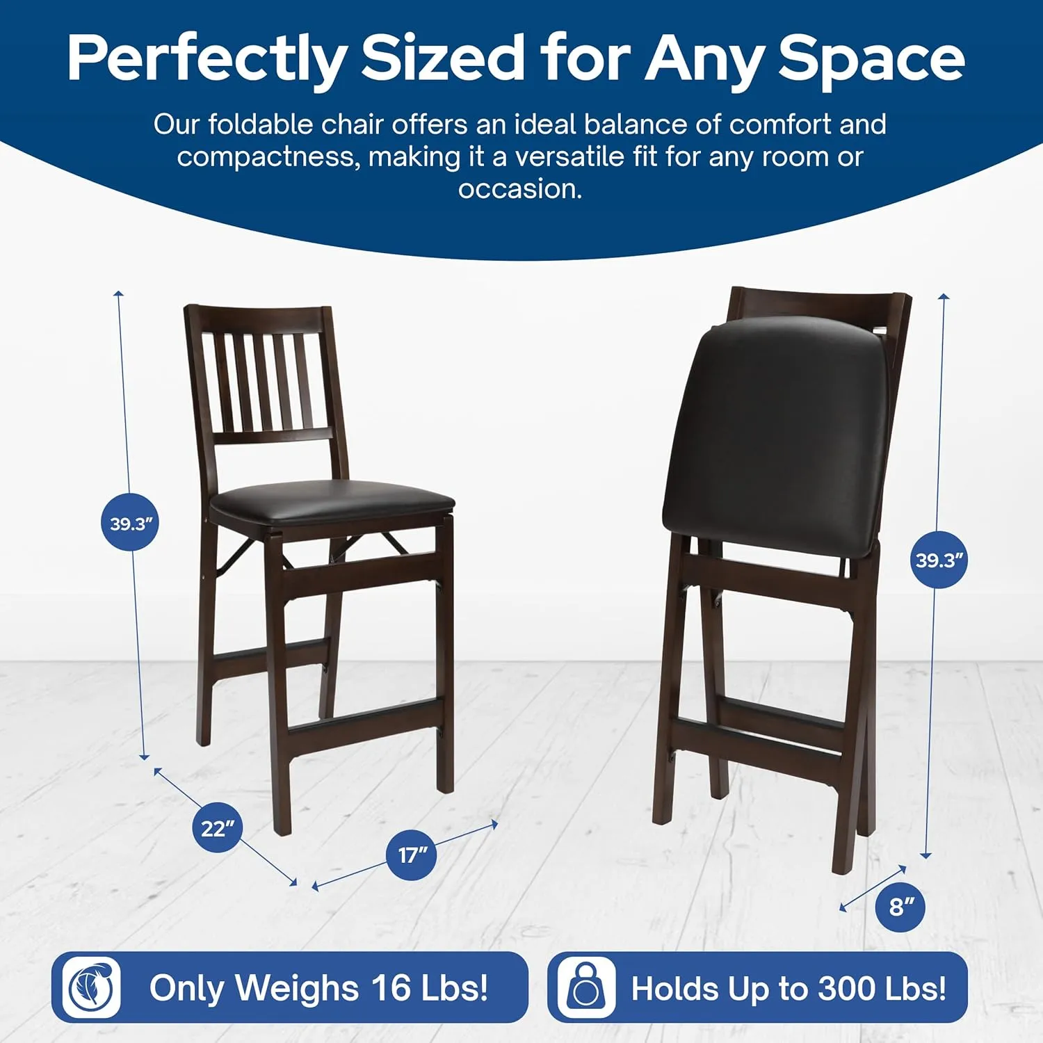 MECO Stakmore Folding Counter Height Stools with Padded Seats, Set of 2 - No Assembly Tall, High, Foldable Kitchen Chairs, Steel Folding Mechanism, Upholstered Leather, Space-Saving, Espresso Frame