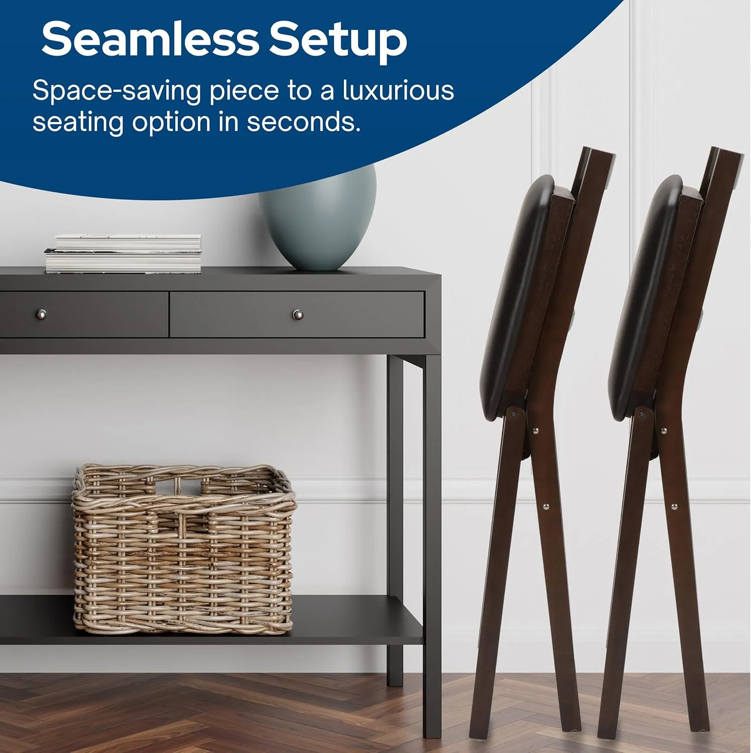 MECO Stakmore Folding Counter Height Stools with Padded Seats, Set of 2 - No Assembly Tall, High, Foldable Kitchen Chairs, Steel Folding Mechanism, Upholstered Leather, Space-Saving, Espresso Frame