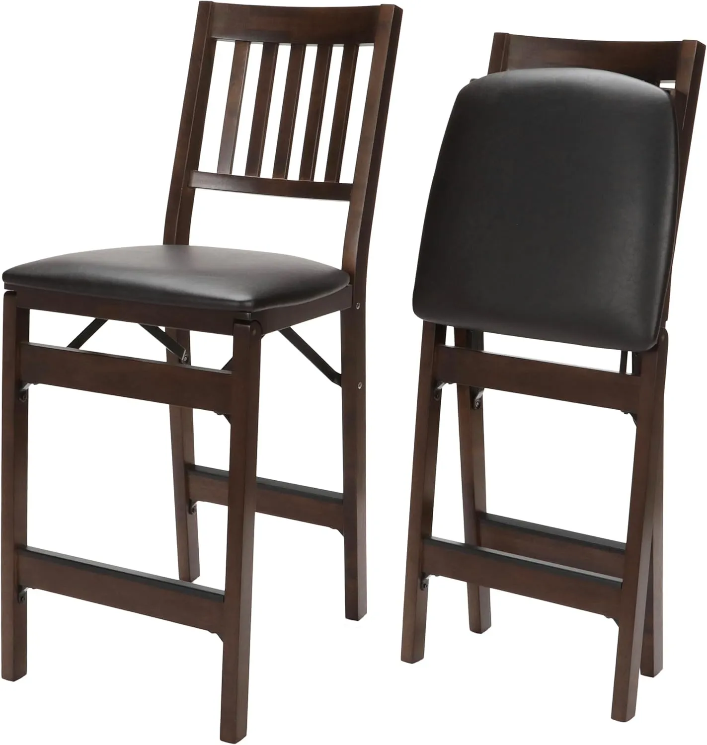 MECO Stakmore Folding Counter Height Stools with Padded Seats, Set of 2 - No Assembly Tall, High, Foldable Kitchen Chairs, Steel Folding Mechanism, Upholstered Leather, Space-Saving, Espresso Frame