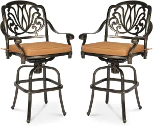 MEETWARM 2 Piece Outdoor Patio Swivel Bar Stools, All-Weather Cast Aluminum Bar Height Bistro Chairs, Outdoor Furniture Bar Dining Chair Set with Cushions for Garden Deck Backyard, Dark Bronze