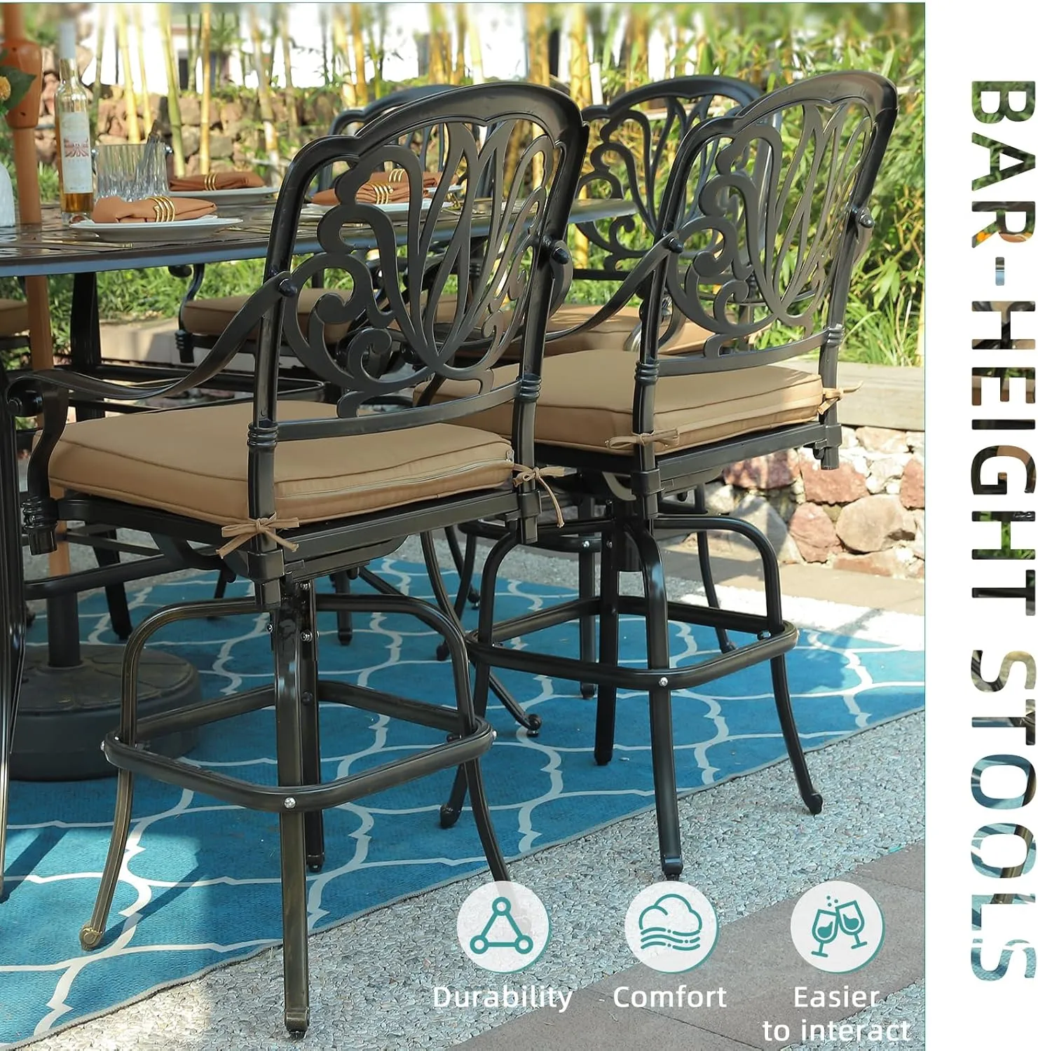 MEETWARM 2 Piece Outdoor Patio Swivel Bar Stools, All-Weather Cast Aluminum Bar Height Bistro Chairs, Outdoor Furniture Bar Dining Chair Set with Cushions for Garden Deck Backyard, Dark Bronze