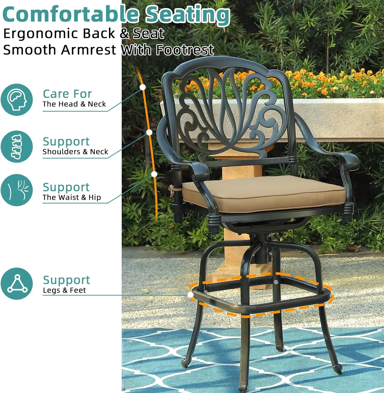 MEETWARM 2 Piece Outdoor Patio Swivel Bar Stools, All-Weather Cast Aluminum Bar Height Bistro Chairs, Outdoor Furniture Bar Dining Chair Set with Cushions for Garden Deck Backyard, Dark Bronze