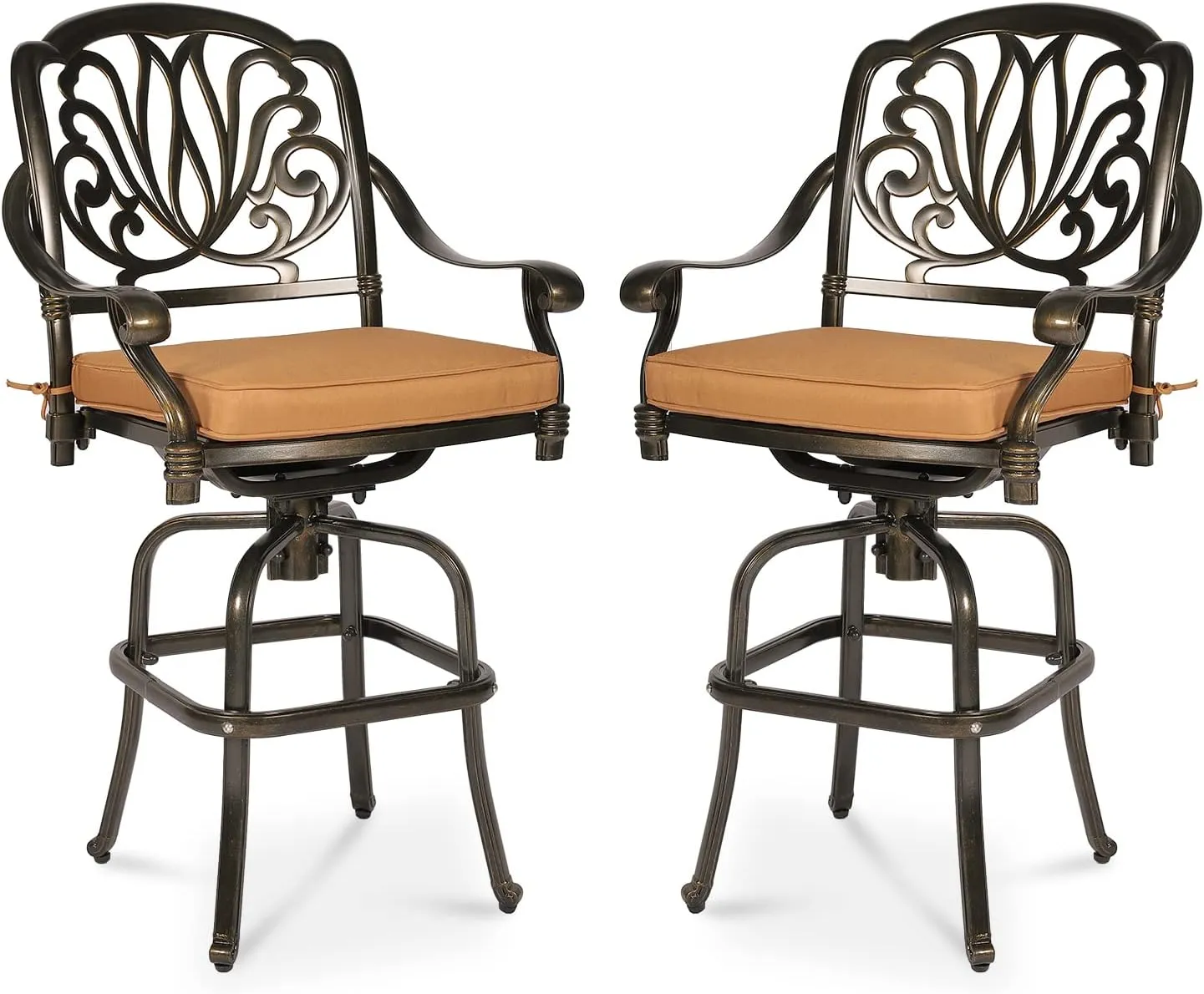 MEETWARM 2 Piece Outdoor Patio Swivel Bar Stools, All-Weather Cast Aluminum Bar Height Bistro Chairs, Outdoor Furniture Bar Dining Chair Set with Cushions for Garden Deck Backyard, Dark Bronze