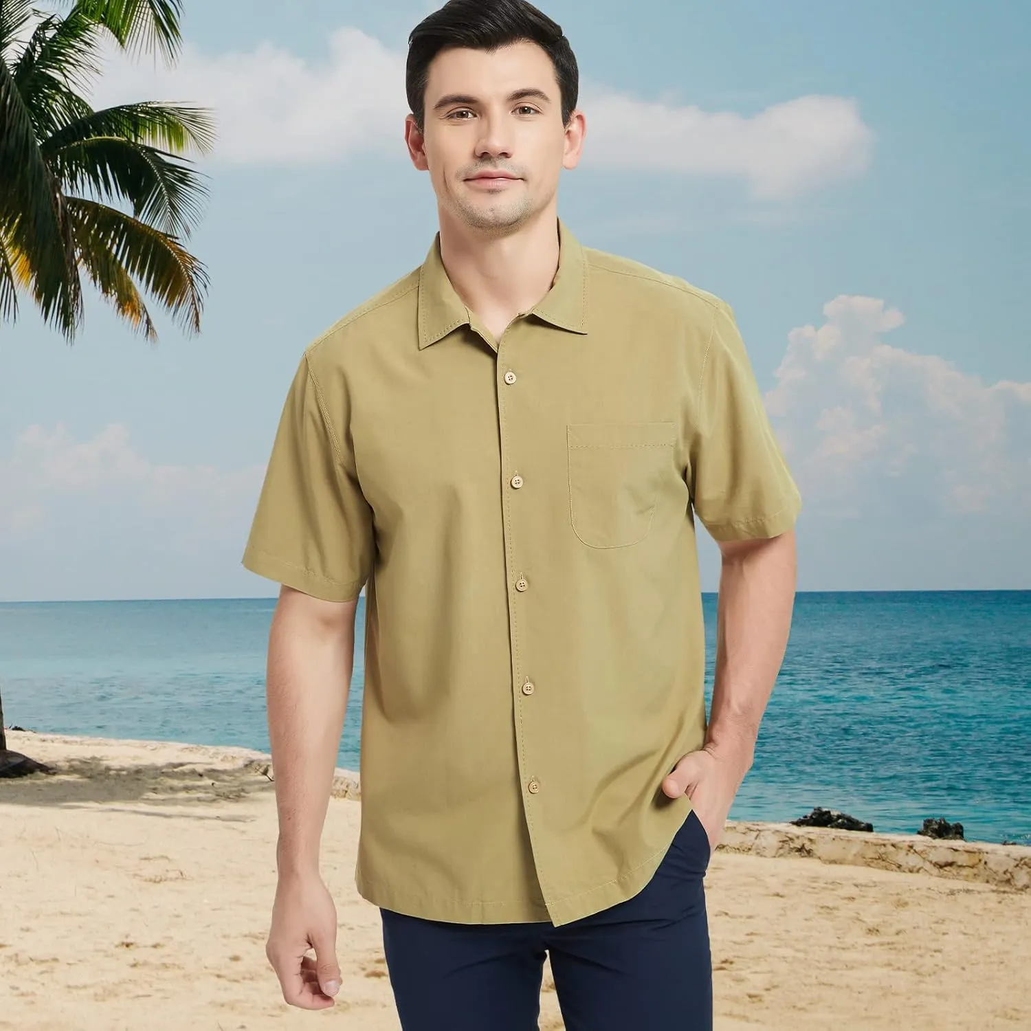 Men's Hawaiian Shirts Silk and Cotton Button Down Casual Tropical Holiday Beach Shirts