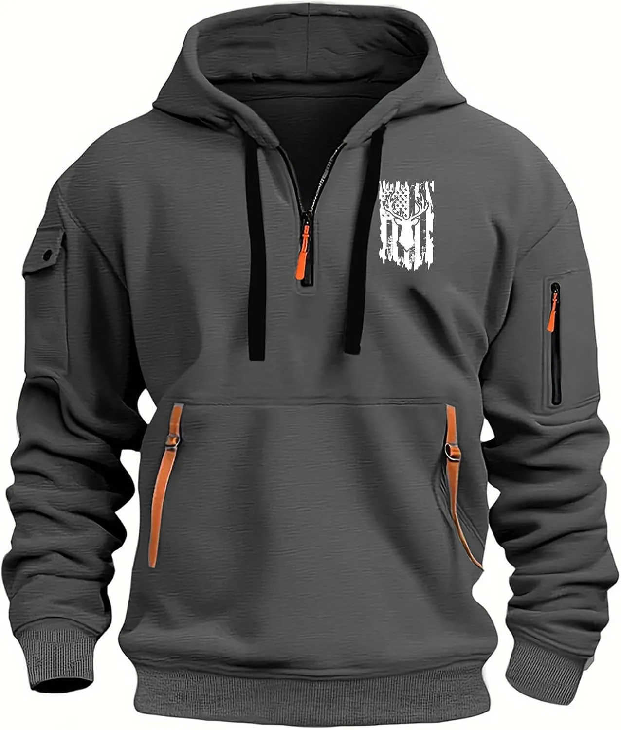 Men's Hoodies American Flag Print Tactical Cargo Hooded Sweatshirts Casual Long Sleeve Drawstring Vintage Pullover