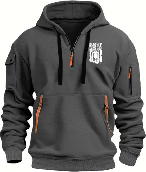 Men's Hoodies American Flag Print Tactical Cargo Hooded Sweatshirts Casual Long Sleeve Drawstring Vintage Pullover