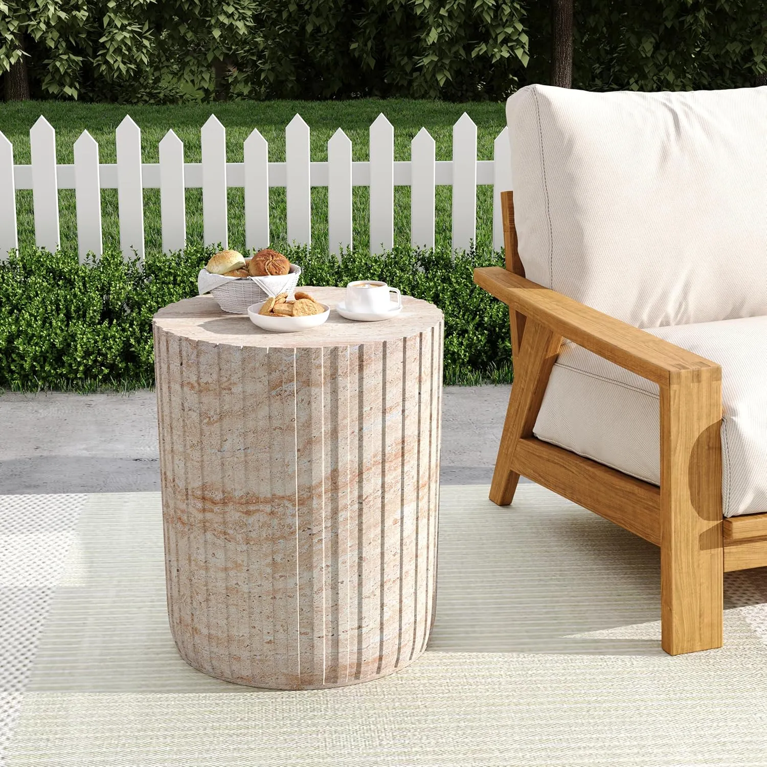 Merax Outdoor Lightweight Concrete Side Table 16"x19" Cylinder Round Indoor Accent Table Weather Resistant End Table for Patio, No Assembly Required, Travertine Finish, Beige
