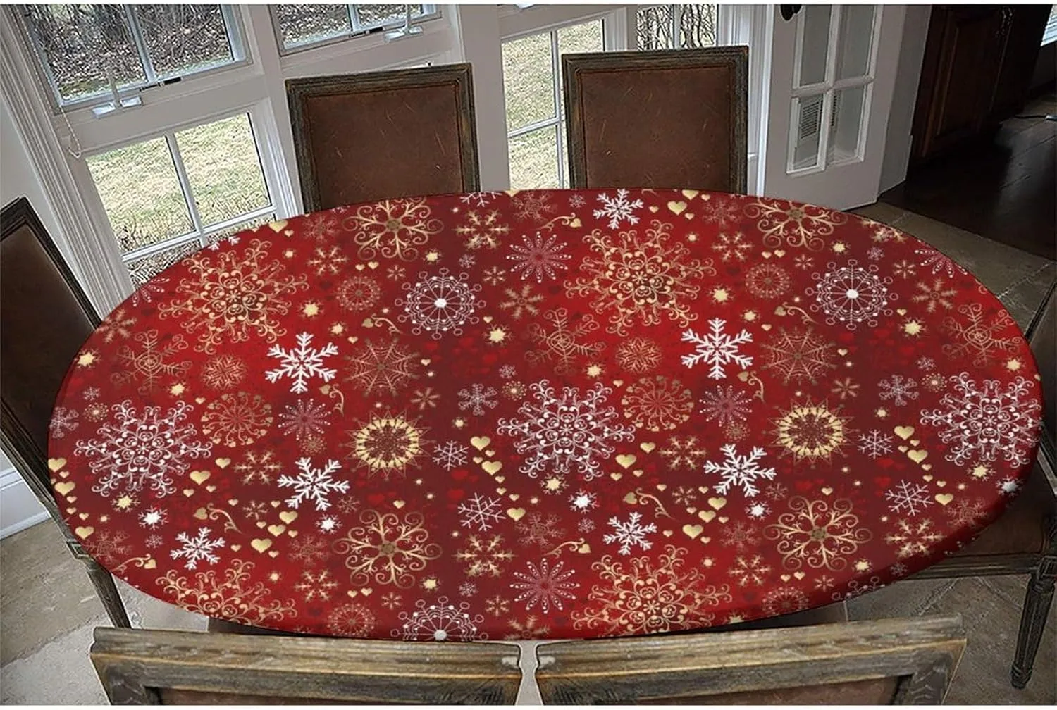 Merry Christmas Elastic Edge Oval Fitted Tablecloth, Happy New Year Table Cover, for Travel Christmas Picnics Parties Outdoor, Fits for 48 x 80 Oval Table