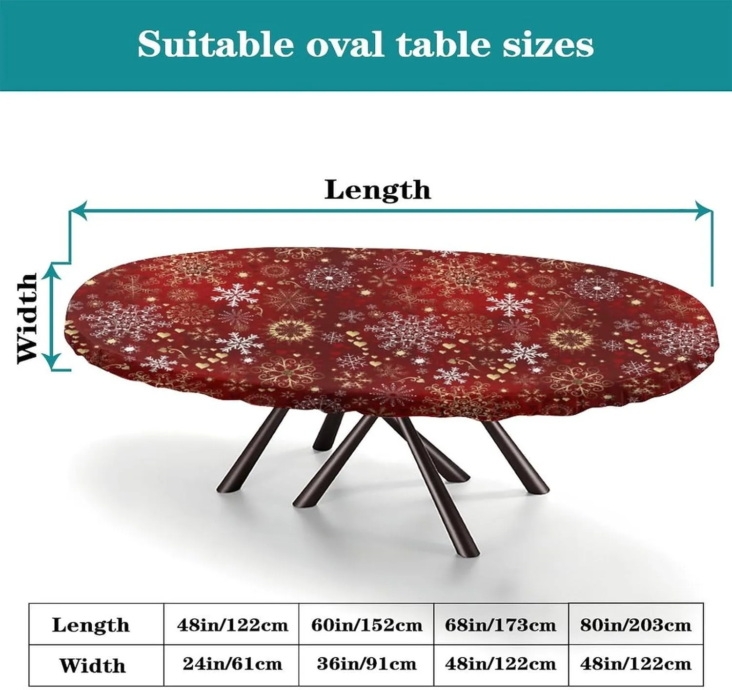 Merry Christmas Elastic Edge Oval Fitted Tablecloth, Happy New Year Table Cover, for Travel Christmas Picnics Parties Outdoor, Fits for 48 x 80 Oval Table
