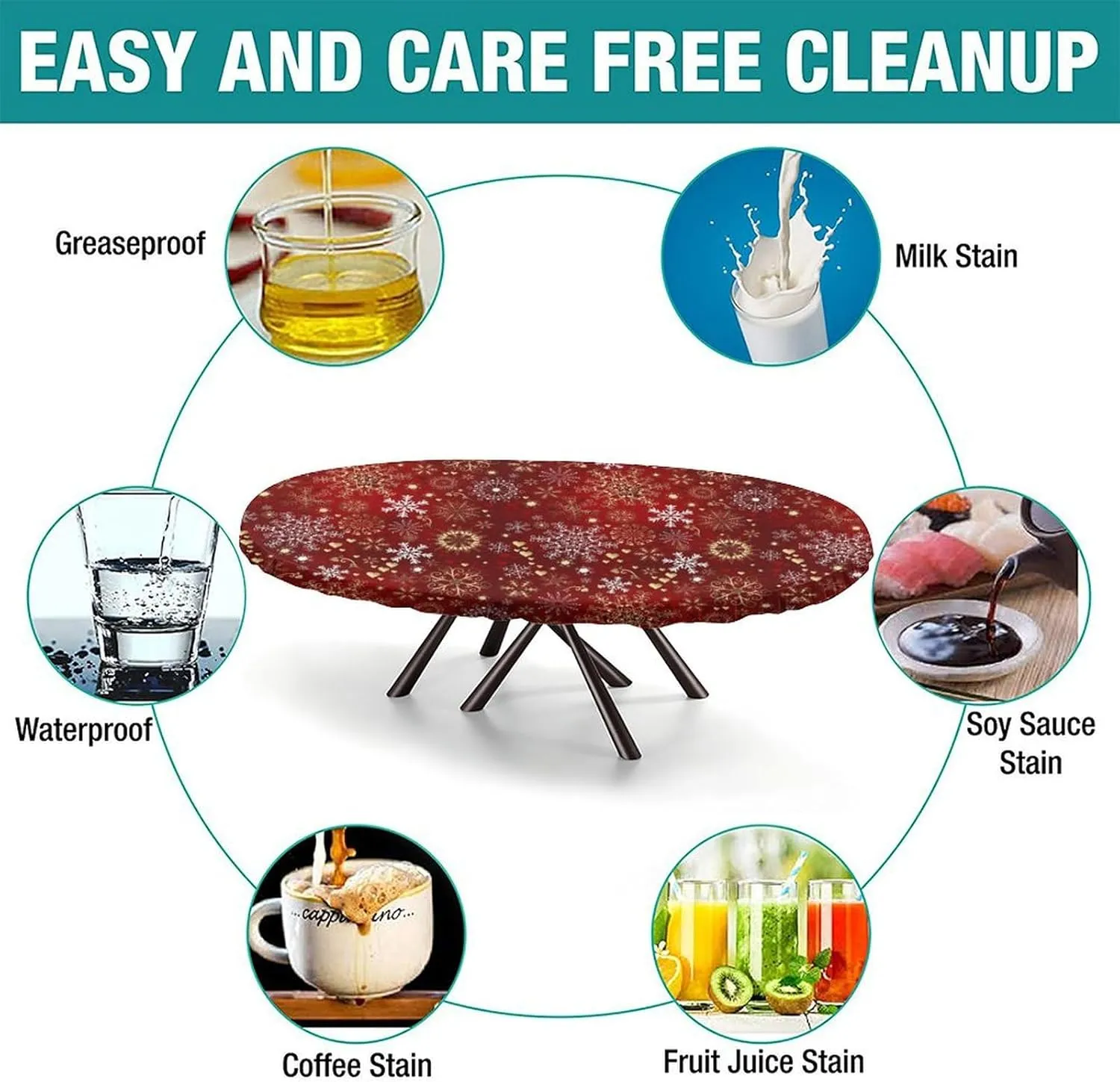 Merry Christmas Elastic Edge Oval Fitted Tablecloth, Happy New Year Table Cover, for Travel Christmas Picnics Parties Outdoor, Fits for 48 x 80 Oval Table