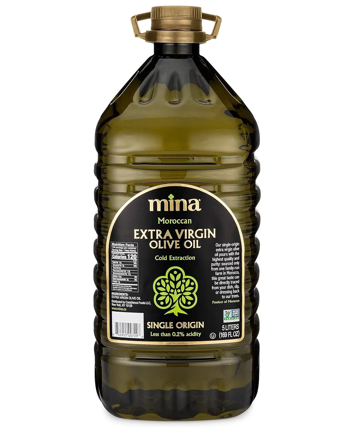 Mina Olive Oil Extra Virgin 169 Fl Oz, New Harvest, Polyphenol Rich Olive Oil for Cooking, Moroccan EVOO, Single Origin, Cold Extraction, Less than 0.2% Acidity, 5 L