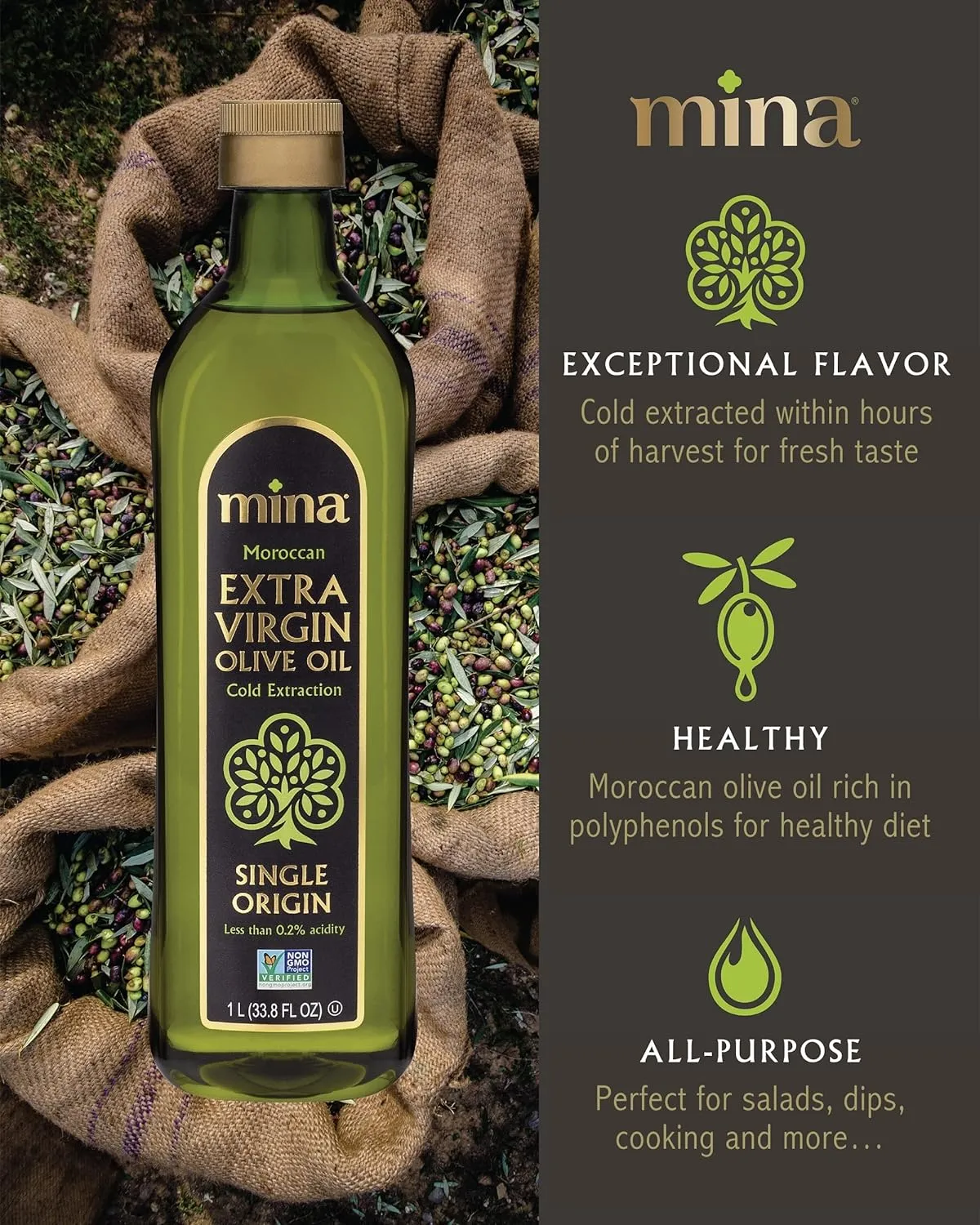 Mina Olive Oil Extra Virgin 33.8 Fl Oz, New Harvest, Polyphenol Rich Olive Oil for Cooking, Moroccan EVOO, Single Origin, Cold Extraction, Less than 0.2% Acidity, 1 L