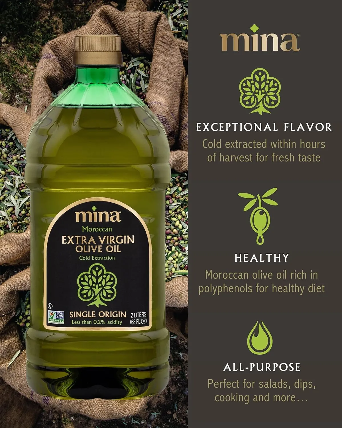 Mina Olive Oil Extra Virgin 68 Fl Oz, New Harvest, Polyphenol Rich Moroccan Extra Virgin Olive Oil, Single Origin, Early Harvest, Cold Extraction, Less than 0.2% Acidity, 2 L