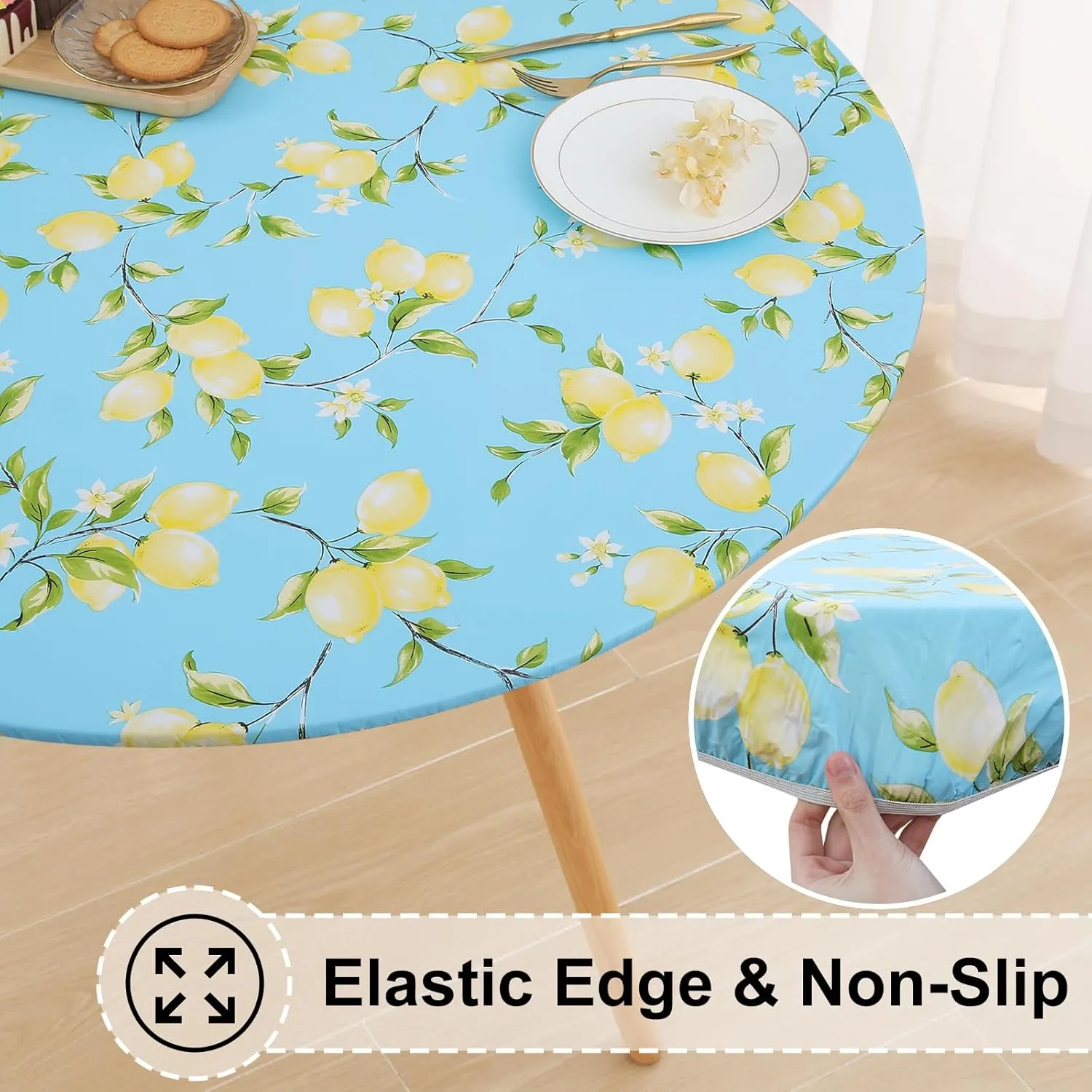 misaya Round Fitted Tablecloth with Elastic Edge, 100% Waterproof Oil Proof Plastic Table Cover, Vinyl Flannel Backed Table Cloth Fits 36"-44" Round Tables for Dinner, Outdoor, Picnic, Lemon