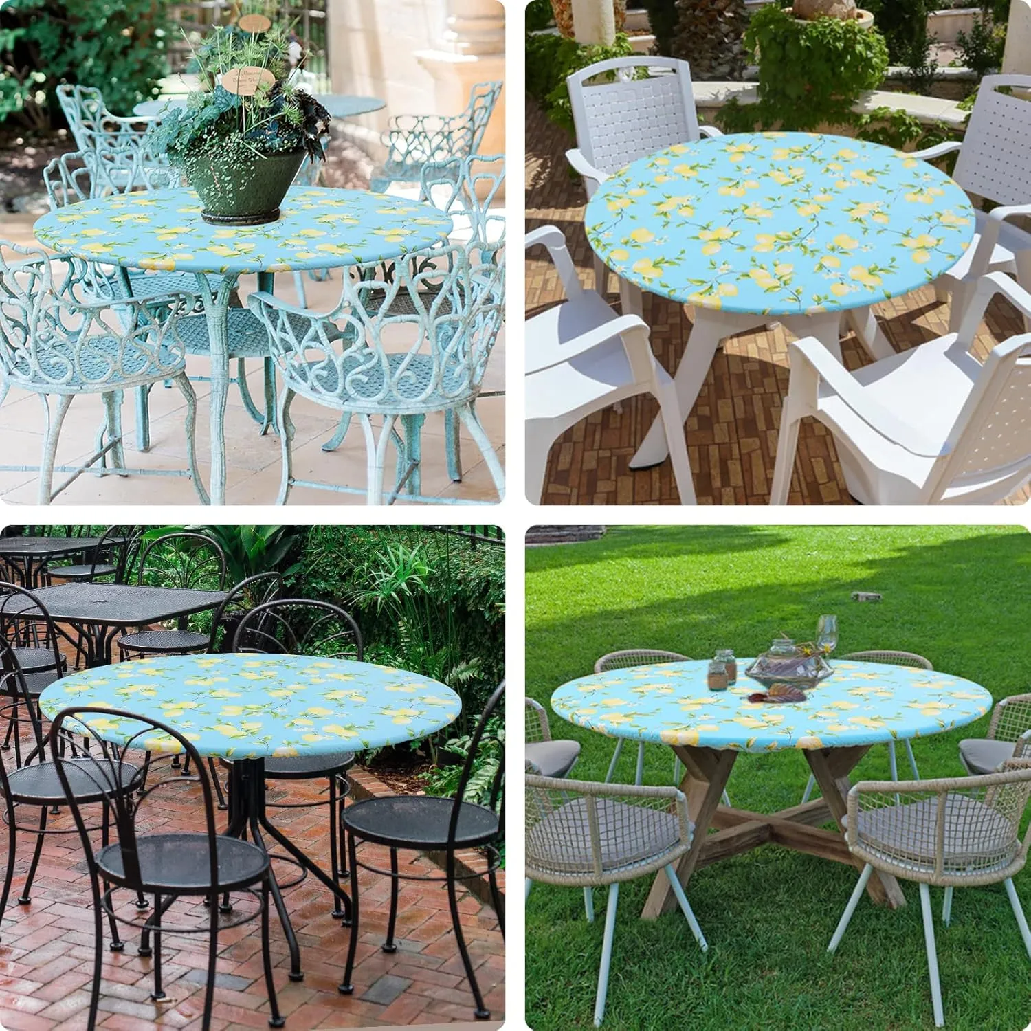misaya Round Fitted Tablecloth with Elastic Edge, 100% Waterproof Oil Proof Plastic Table Cover, Vinyl Flannel Backed Table Cloth Fits 36"-44" Round Tables for Dinner, Outdoor, Picnic, Lemon