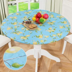 misaya Round Fitted Tablecloth with Elastic Edge, 100% Waterproof Oil Proof Plastic Table Cover, Vinyl Flannel Backed Table Cloth Fits 36"-44" Round Tables for Dinner, Outdoor, Picnic, Lemon