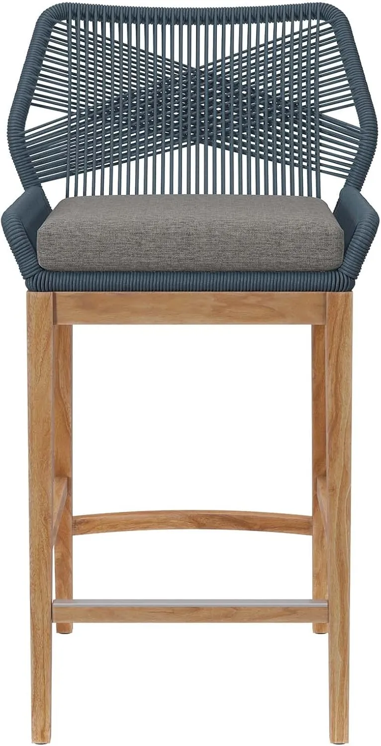 Modway Wellspring Outdoor Patio Teak and Woven Rope Bar Stool in Blue Graphite