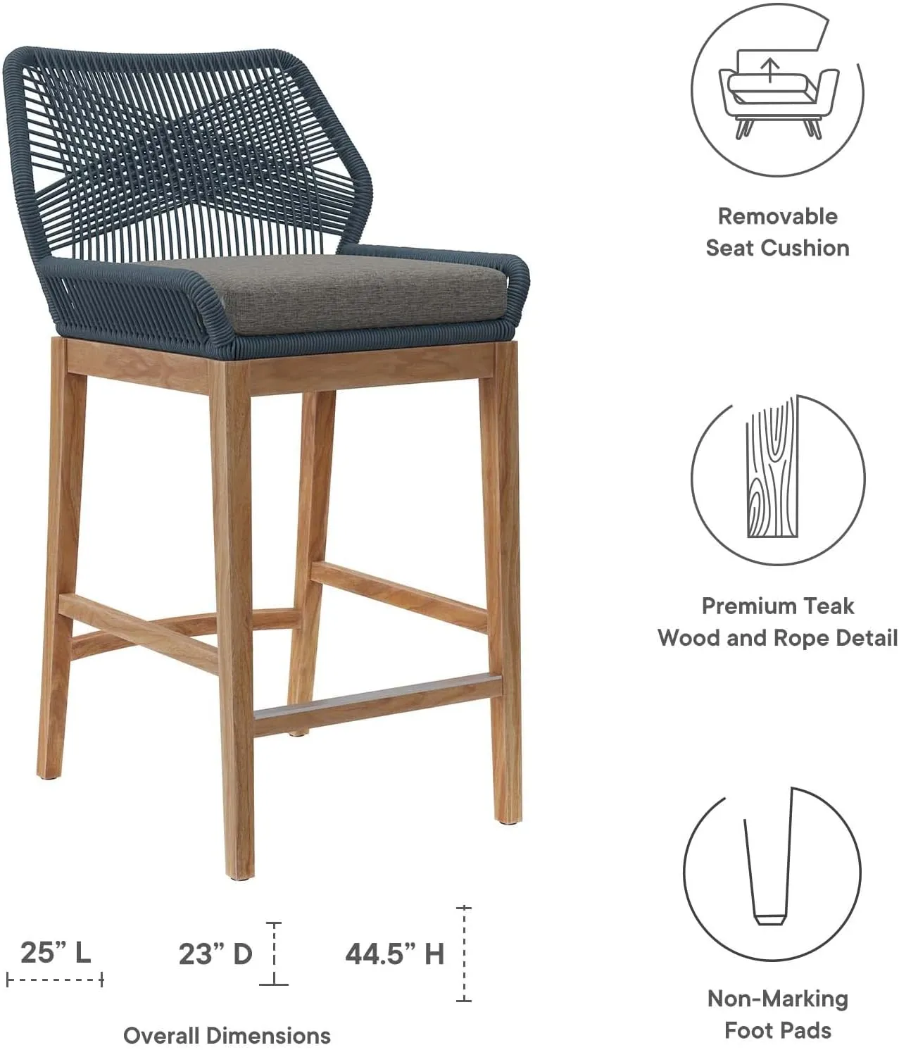 Modway Wellspring Outdoor Patio Teak and Woven Rope Bar Stool in Blue Graphite