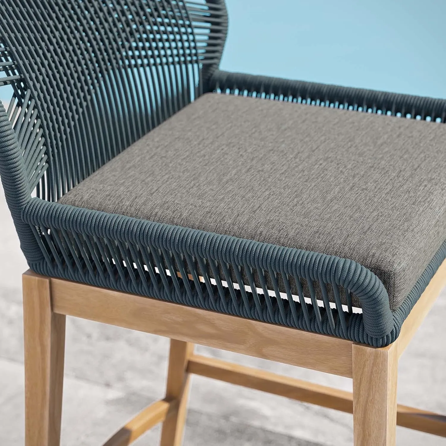 Modway Wellspring Outdoor Patio Teak and Woven Rope Bar Stool in Blue Graphite