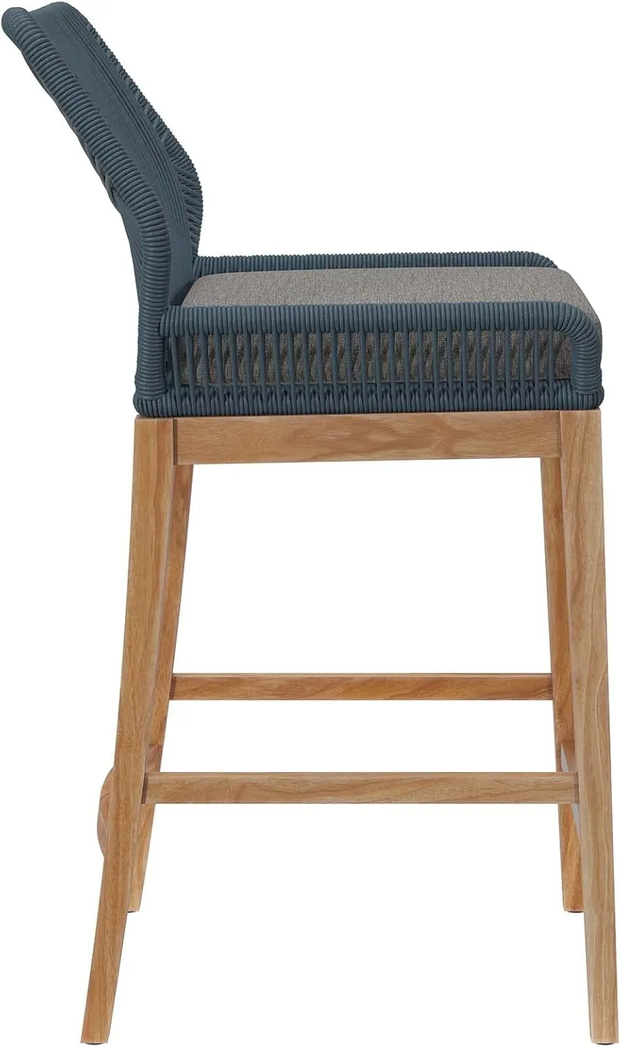 Modway Wellspring Outdoor Patio Teak and Woven Rope Bar Stool in Blue Graphite