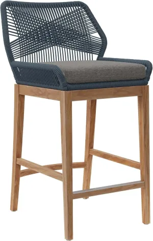 Modway Wellspring Outdoor Patio Teak and Woven Rope Bar Stool in Blue Graphite