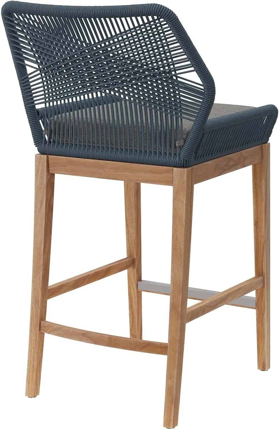 Modway Wellspring Outdoor Patio Teak and Woven Rope Bar Stool in Blue Graphite