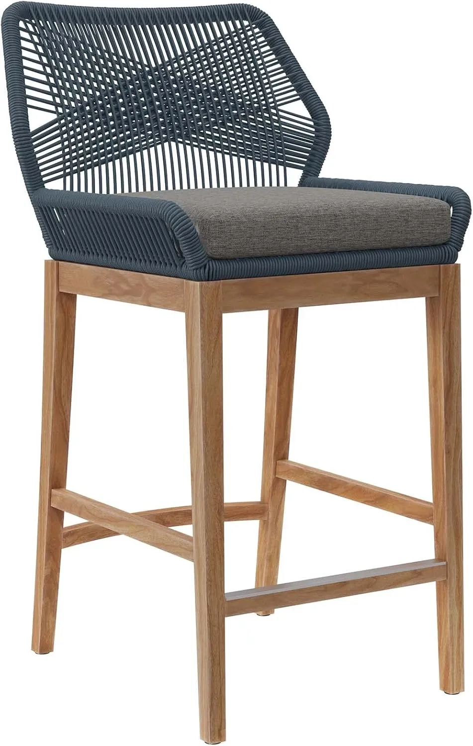 Modway Wellspring Outdoor Patio Teak and Woven Rope Bar Stool in Blue Graphite